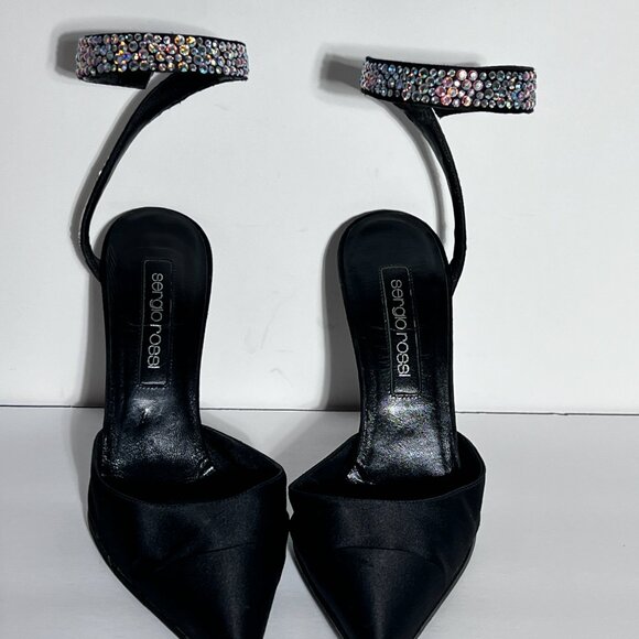 Sergio Rossi Swarovski Crystal Ankle Wrap High Heel Black Satin Shoe Sz 38 - Picture 14 of 15